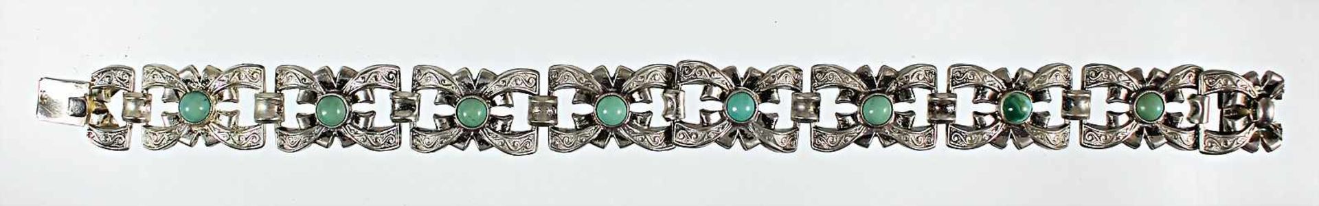 Armband, "ART-DECO" 1930/40er Jahre, Silber 835/000, 8 Türkiscab., untergebautes Kastenschloss,