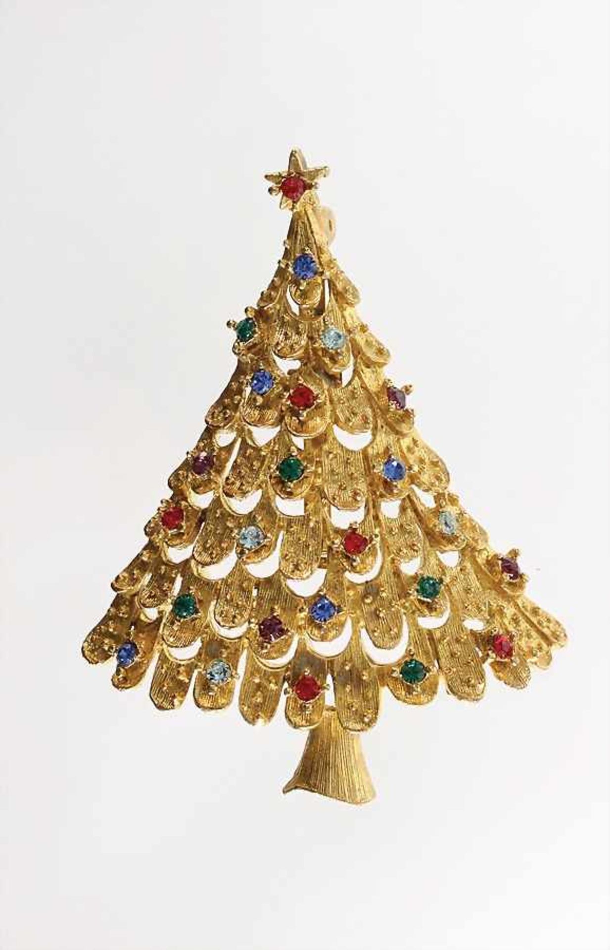 Goldfarbene Weihnachtsbaumbrosche mit farbigen Strasssteinen. Signiert JJ (=Jonette Jewelry, USA),