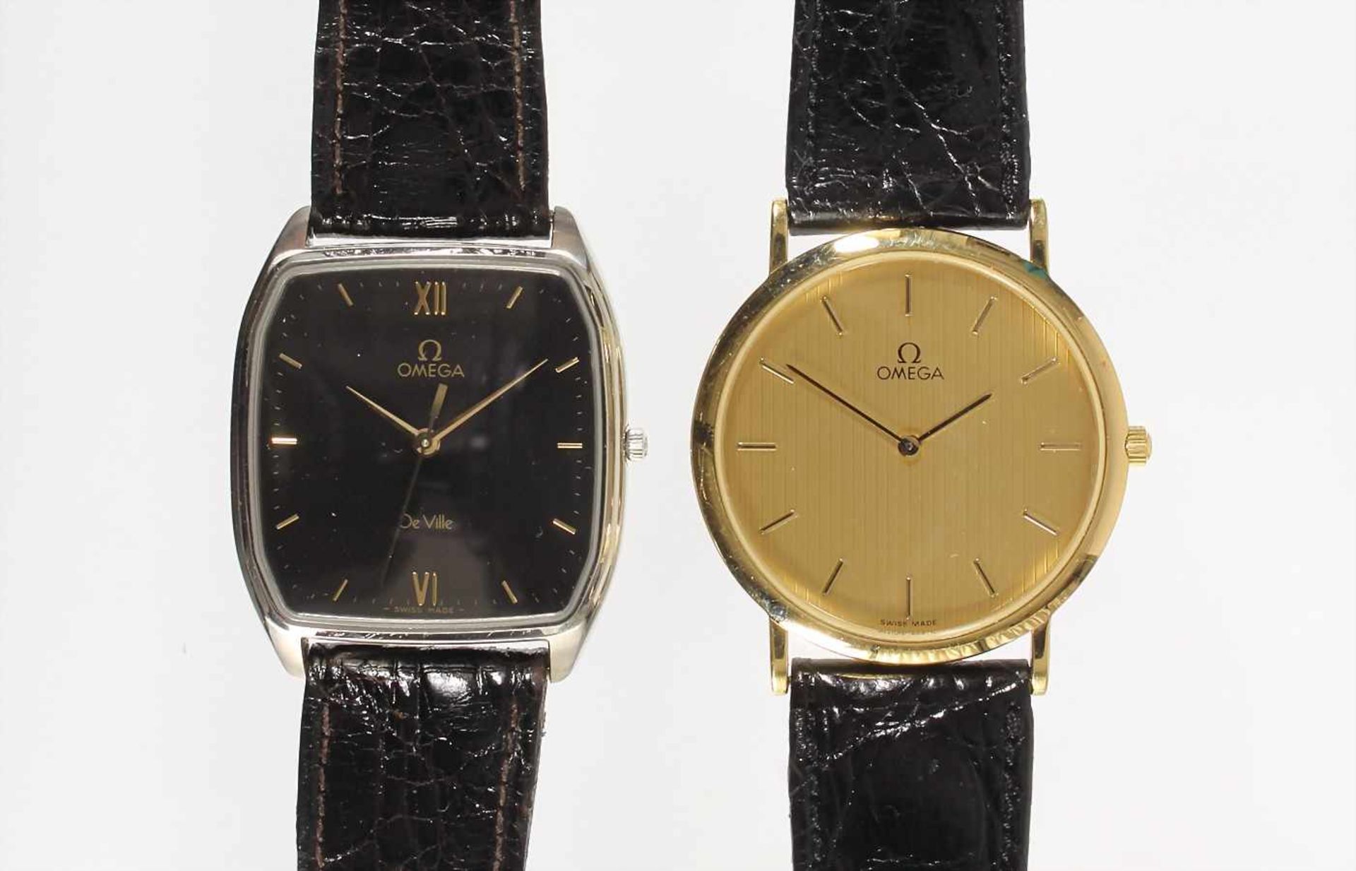 Lot: 2 Herren-Armbanduhren, Quarz, 1 "OMEGA" De Ville mit schwarzem Zifferblatt, Gehäuse (