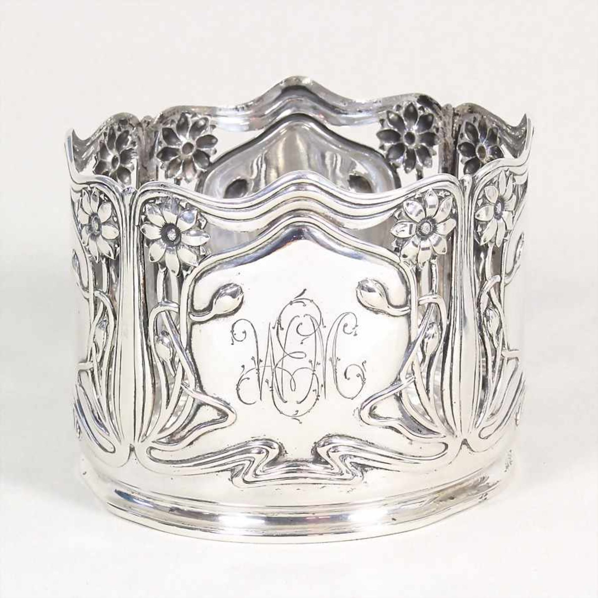 Untersetzer/Weinkorb für Weinflasche, "JUGENDSTIL" um 1900, Silber 800/000, sig.: H.SÜS 38274 Symbol