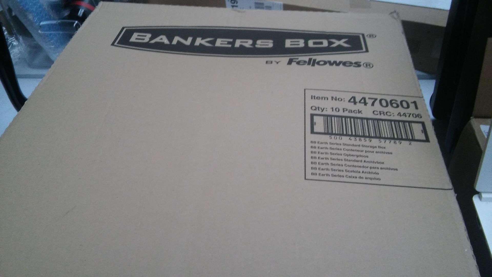 "Bankers Box" by Fellowes 10 x storage boxes. Size 335 x 391 x 270 mm. Ebay price £28. New.