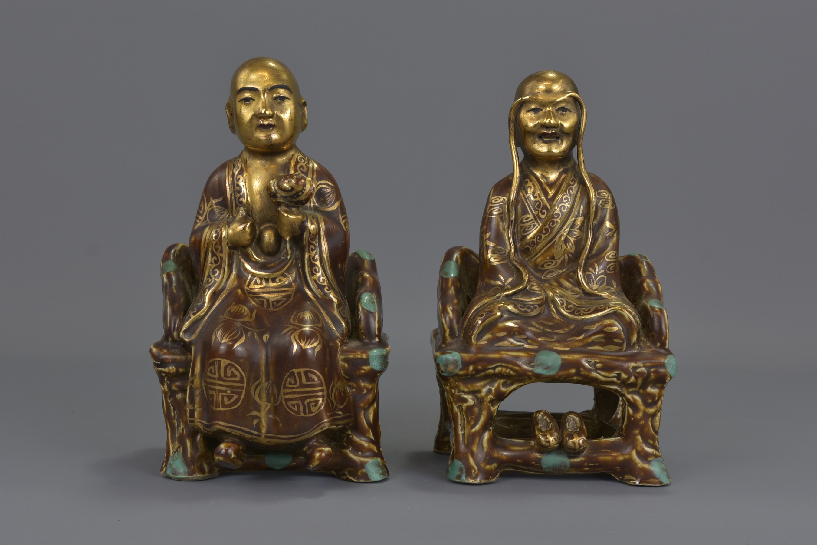 PAIR OF CHINESE GILT PORCELAIN IMMORTALS - Image 2 of 9