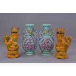 PAIR 19TH C. PORCELAIN VASES AND JOSS STICK HOLDERS