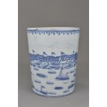 A Chinese Republican period blue and white porcelain brush pot depicting the '13 Factories of Canton
