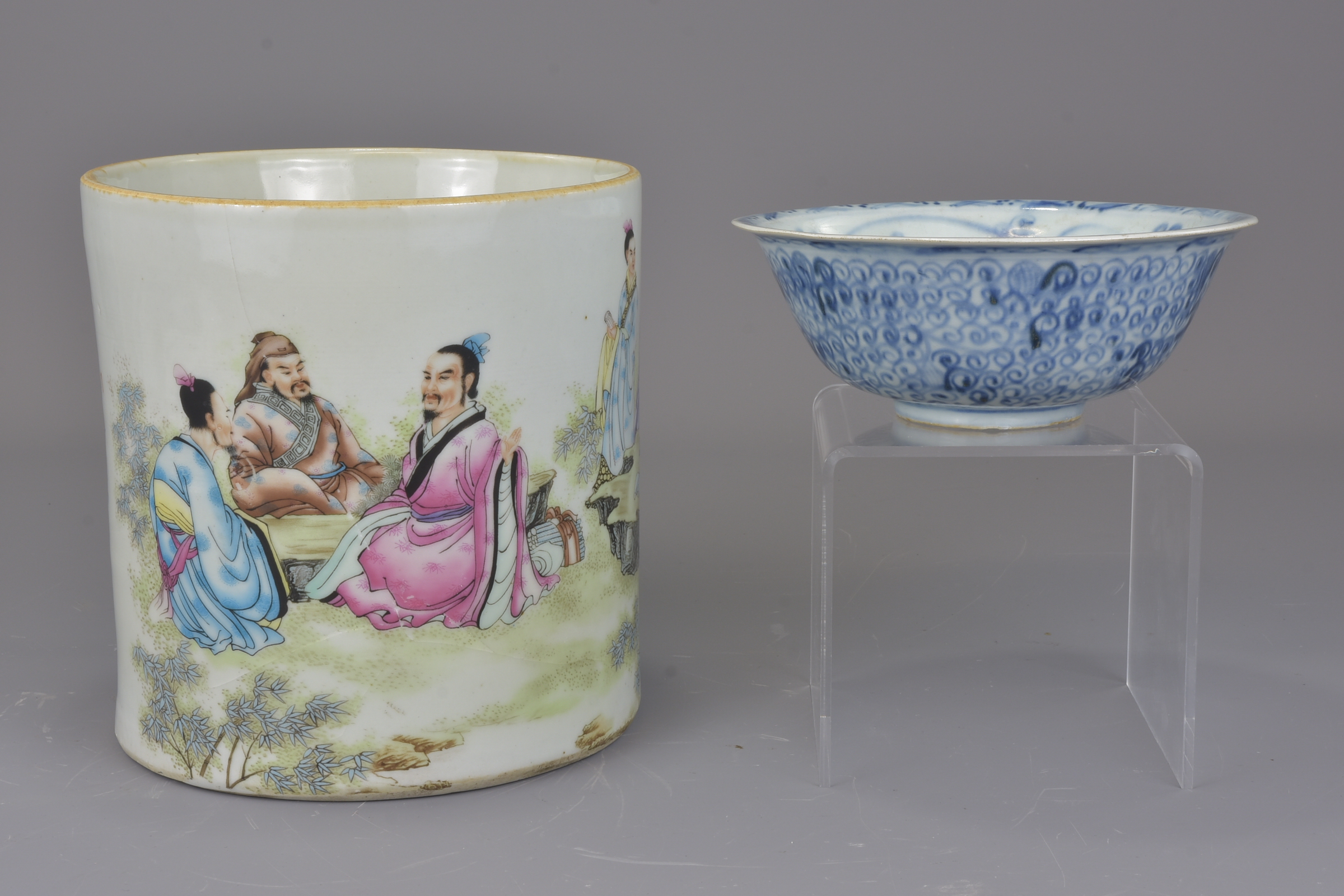 A Chinese 19th century famille rose porcelain brush pot with four character mark of Yongzheng to bas