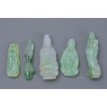 A group of five Chinese 20th century jade Guanyin pendants. 4cm to 4.5cm length (5)