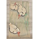 A Chinese print of a ducks on paper in scroll. Xu Beihong. Purchased in April 1980 Hong Kong. 45cm x