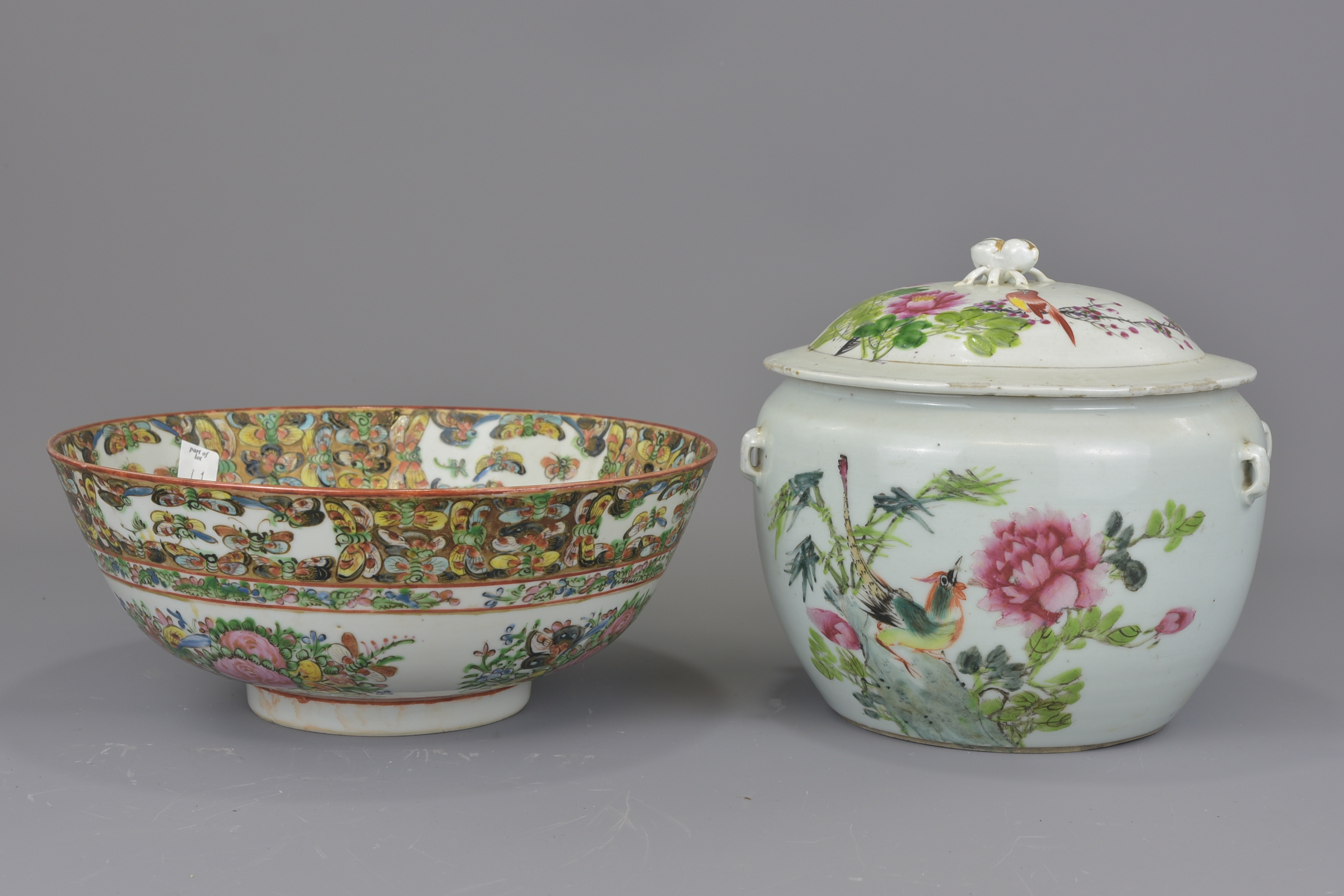 A Chinese 19th century Cantonese bowl decorated with butterflies together with a Republican period p