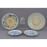 A group of five Chinese 18th century porcelain items. Four plates plus one small jar. 15cm diameter,
