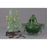 A Chinese green glass censer and cover together with green stone carving of Guanyin figures on a woo