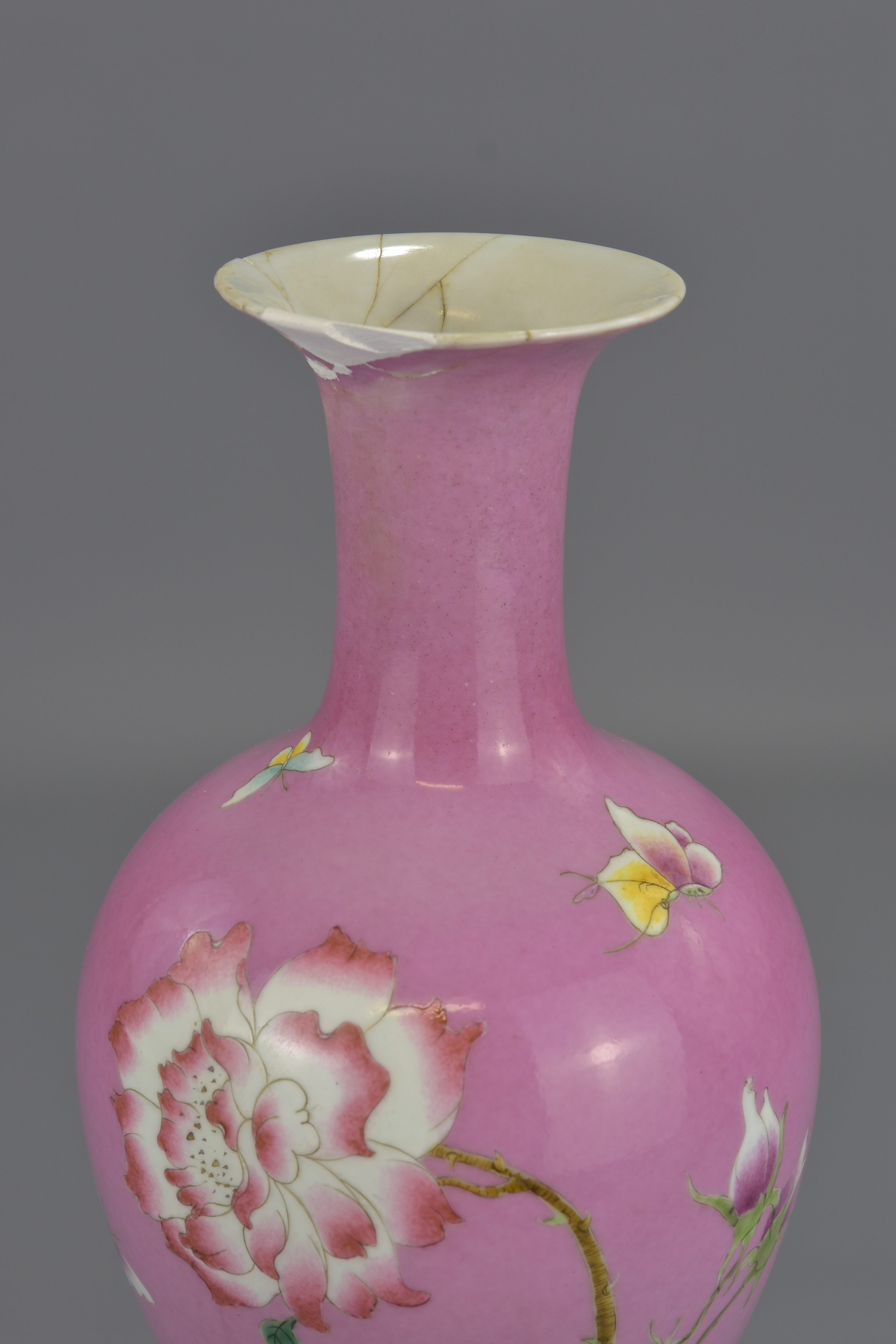 A Chinese 18th century ruby-pink enamelled porcelain vase decorated with flowers and butterflies. Un - Image 6 of 9