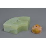 A Chinese early 20th century jade box and cover together with a jade seal. 7.5cm length jade box. (2