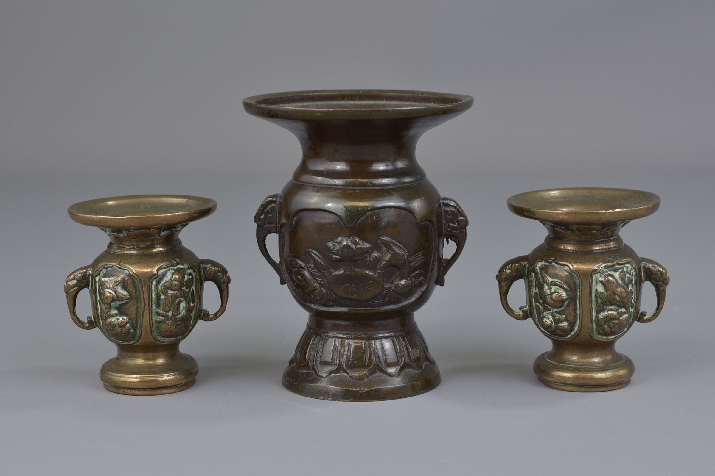 Three Japanese 19th century bronze vases. 6.5 cm - 10 cm tall.