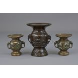 Three Japanese 19th century bronze vases. 6.5 cm - 10 cm tall.
