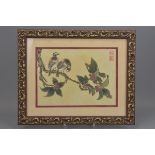 A Chinese watercolour painting of two birds on a tree. With two red seal marks in gilt wood frame. 3