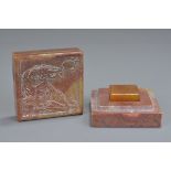 A Chinese 19th century soapstone seal box with seal. 7cm x 7cm