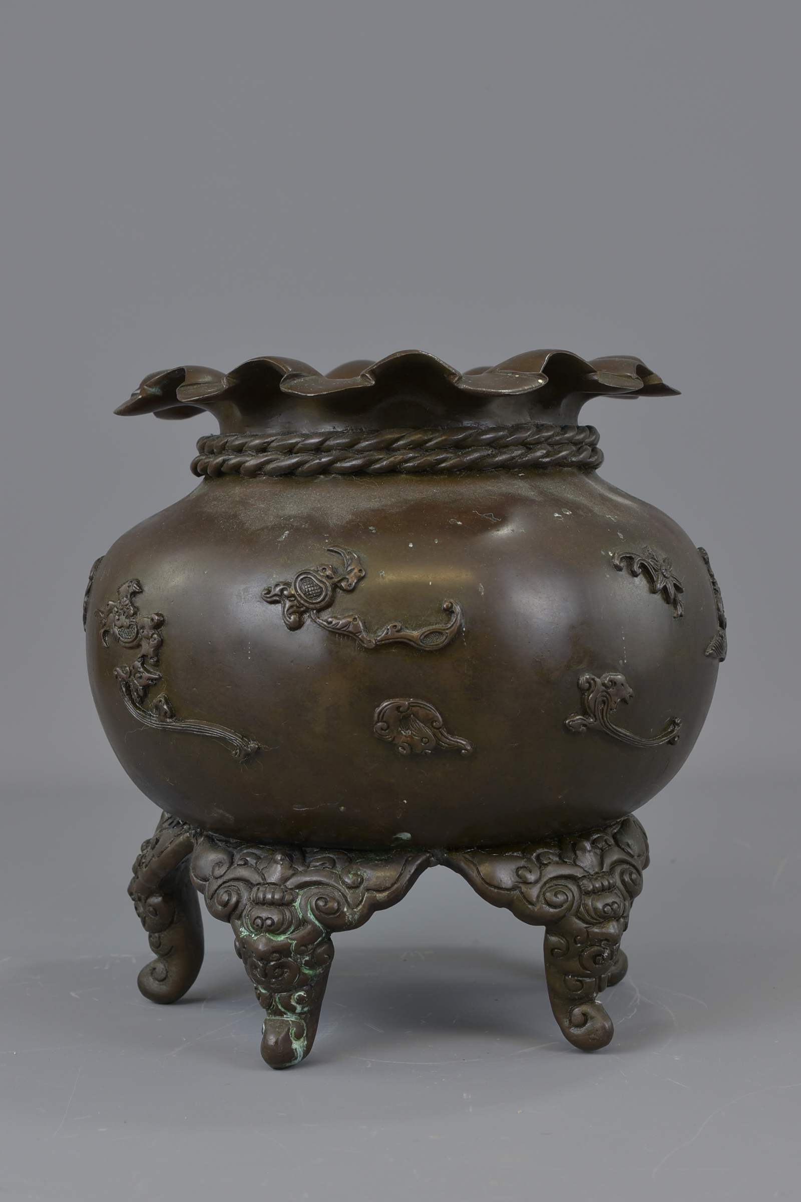 A Japanese 19th century Meiji period bronze censer. One leg missing. Makers mark to base. 23cm wide - Image 3 of 7