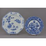 Two Chinese 18th century Kangxi period blue and white porcelain dishes. 33cm and 28cm diameter. (2)