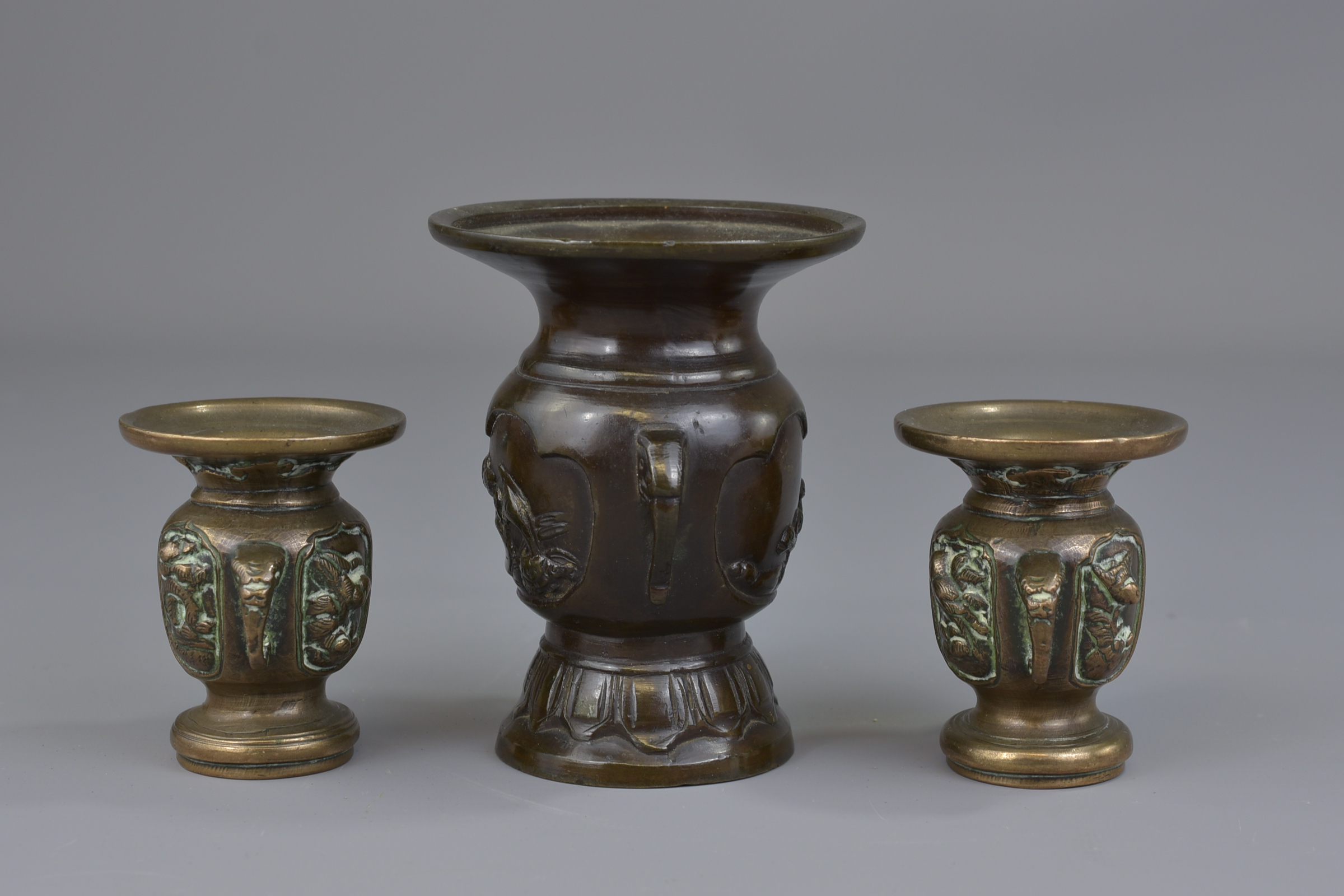 Three Japanese 19th century bronze vases. 6.5 cm - 10 cm tall. - Image 2 of 5