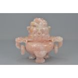 A Chinese 19th century rose quartz censer with cover 20cm x 22cm