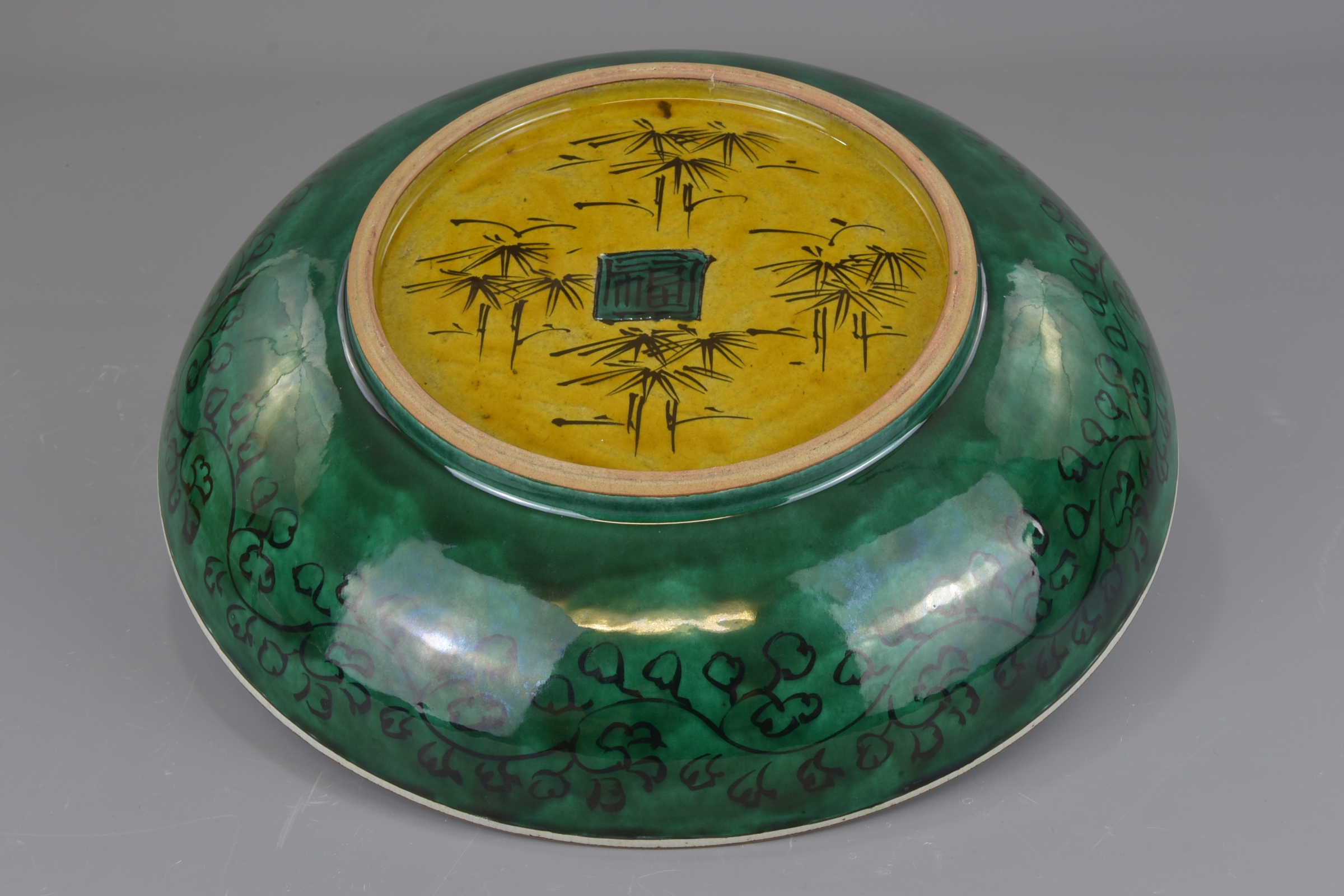 A very large Japanese 19th century Kutani pottery dish decorated with a coastal village scene signed - Image 6 of 8