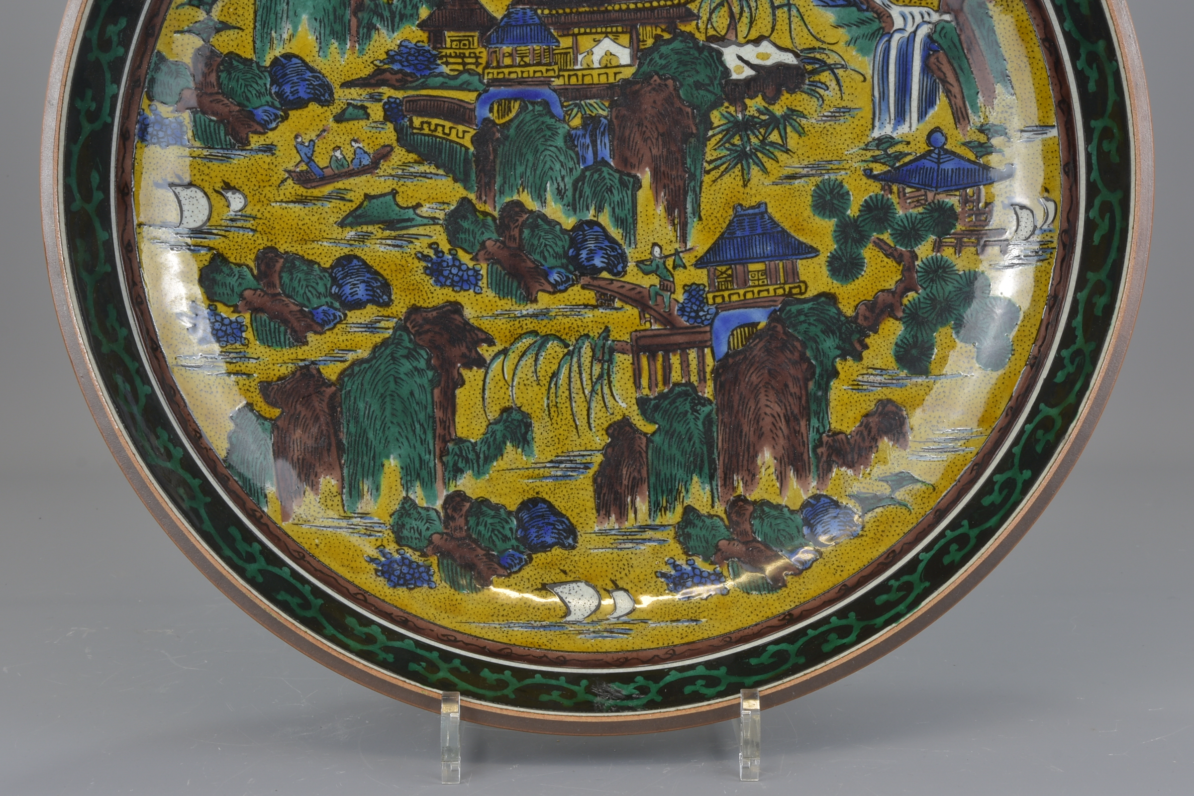 A very large Japanese 19th century Kutani pottery dish decorated with a coastal village scene signed - Image 4 of 8