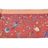 A very large 19th century Chinese embroidery hanging of birds and flowers. 336cm x 78cm. Together w