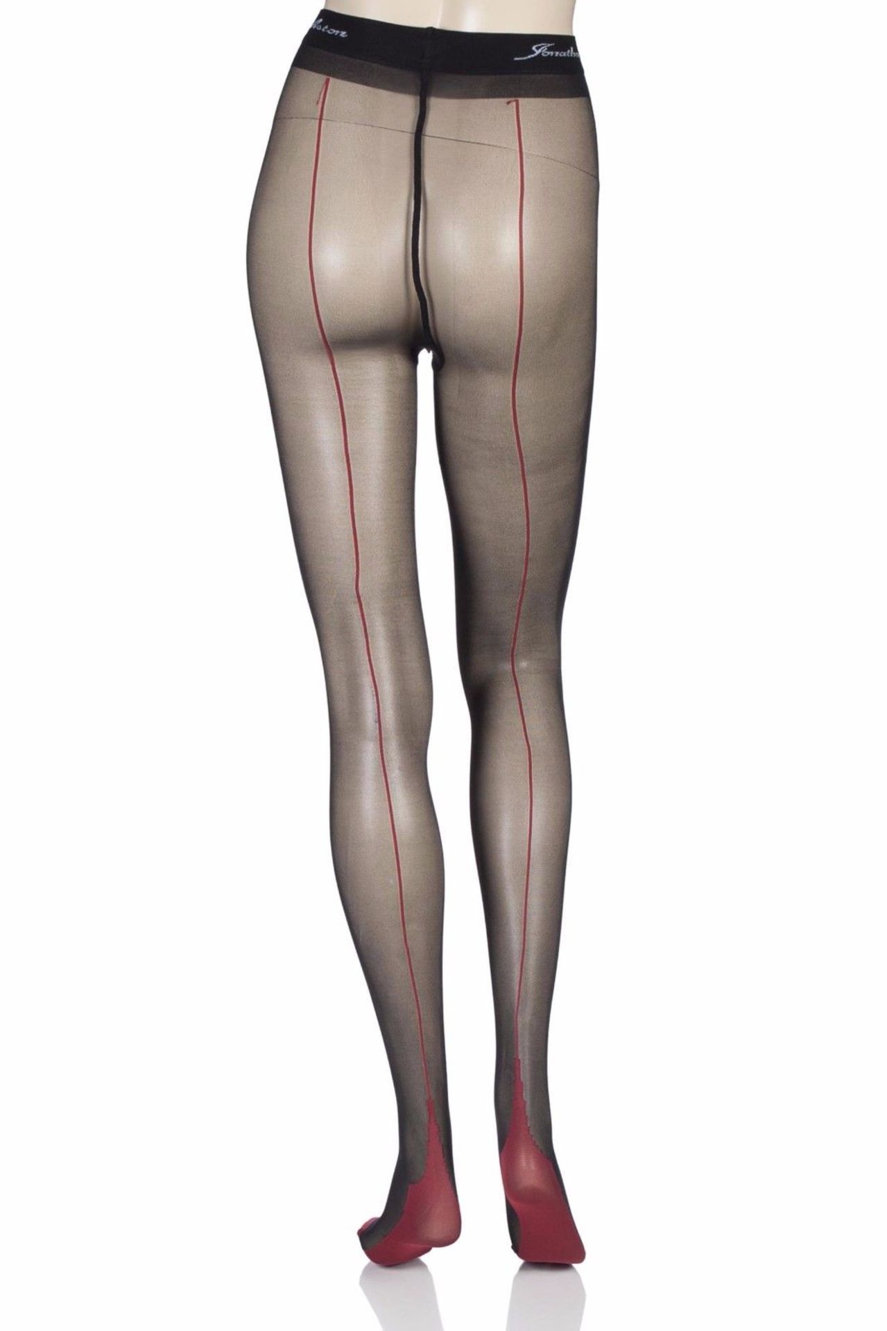Jonathan Aston Vintage Legs Contrast Seam & Heel Tights, Black & Scarlet, Small (New with tags) [ - Image 2 of 3