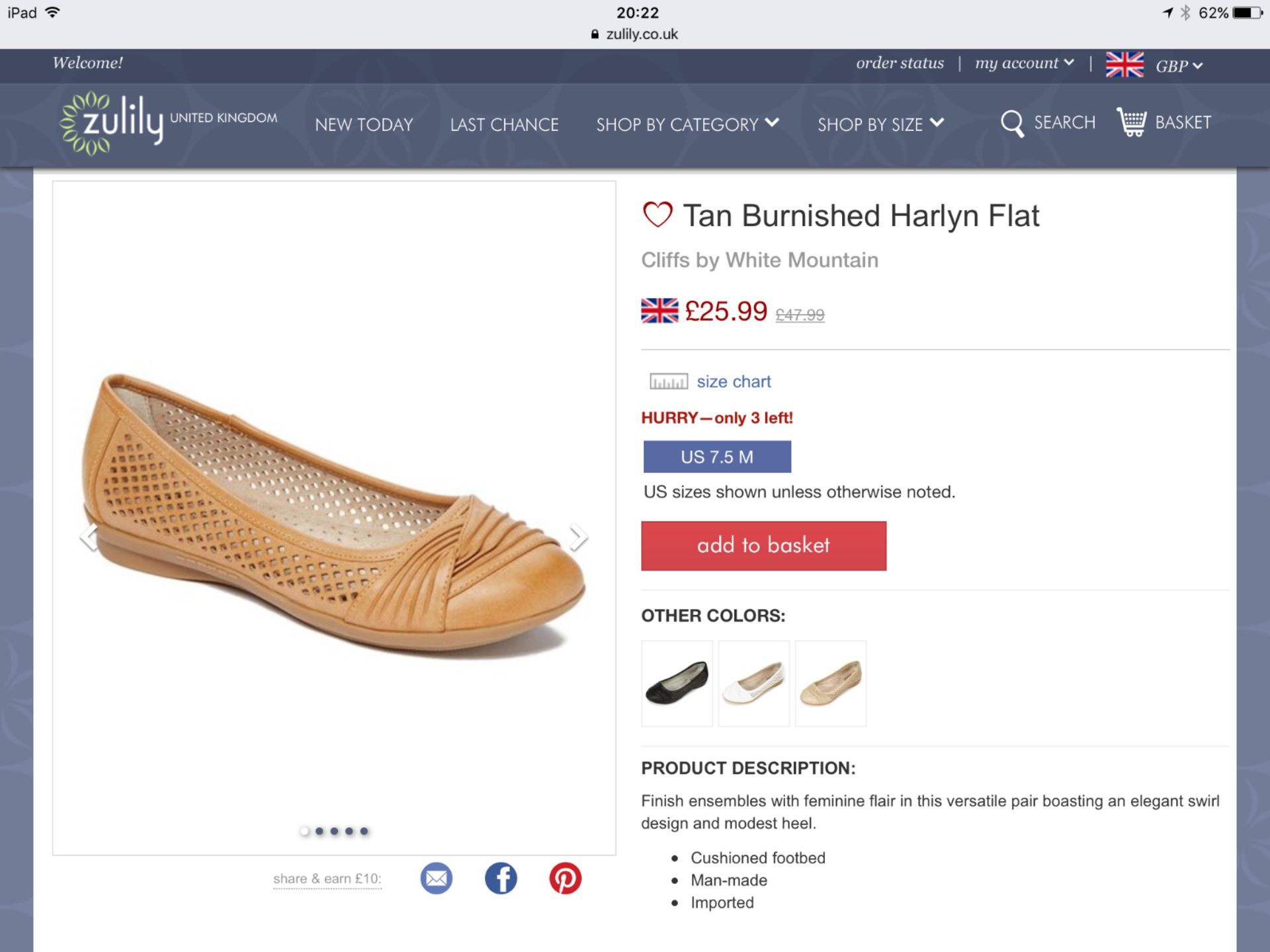 Cliffs by White Mountain Tan Burnished Harlyn Flat, Size US 7 UK 5 (New with box) [Ref: 46173220- - Image 6 of 7