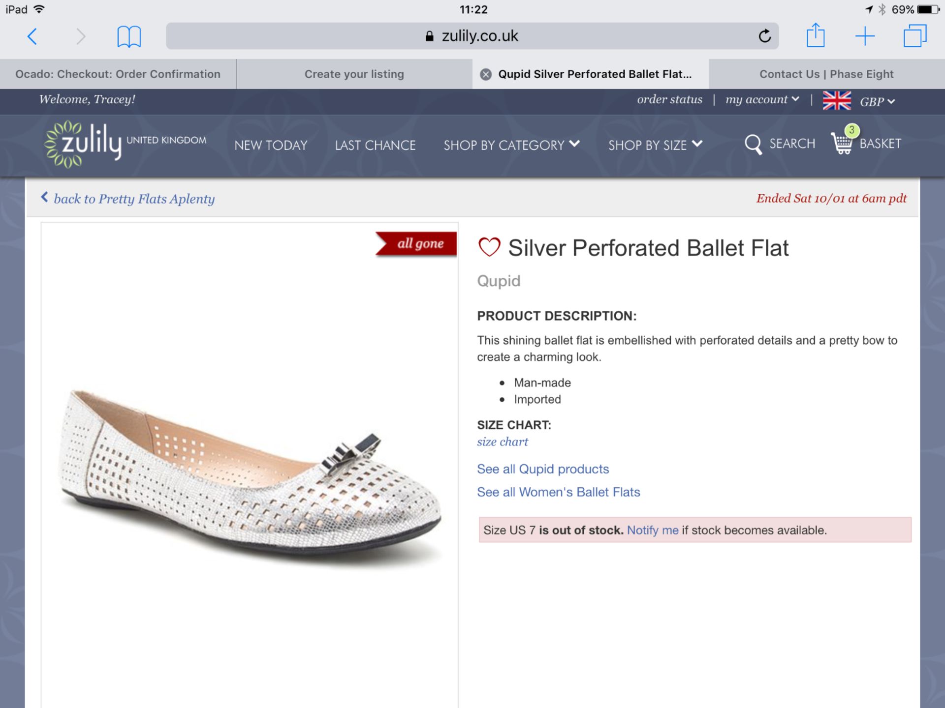Qupid Silver Perforated Ballet Flat, Size US 7 Eur 37 UK 4.5 (New with box) [Ref: 42105582- C-001] - Image 2 of 3
