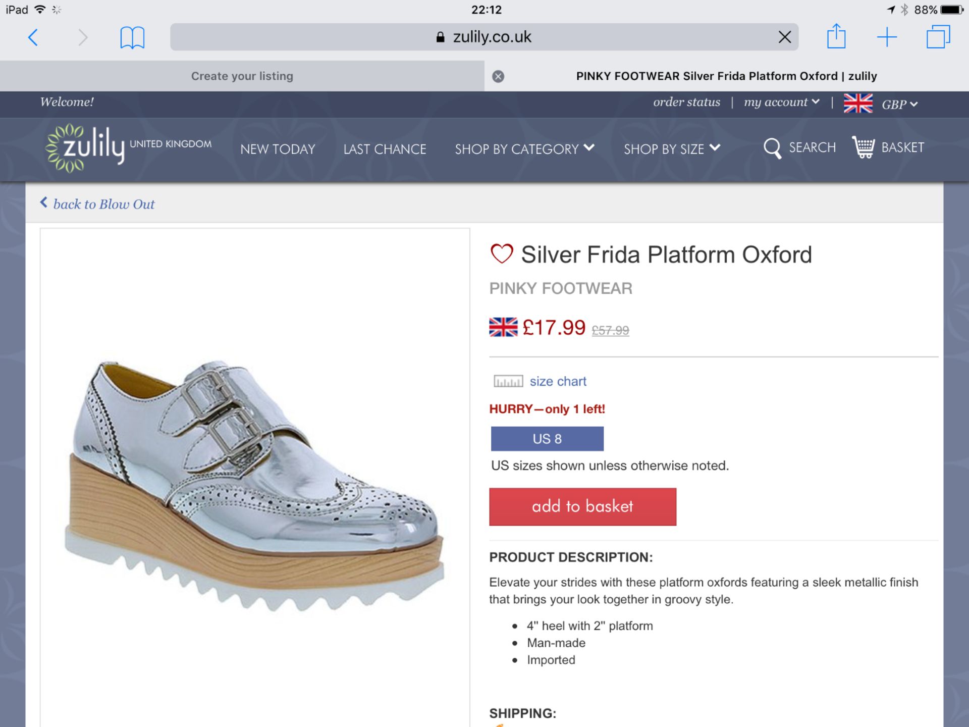 PINKY FOOTWEAR Silver Frida Platform Oxford, Size US 10/Eur 40/UK 7, RRP £57.99 (New with box) [Ref: - Image 3 of 4