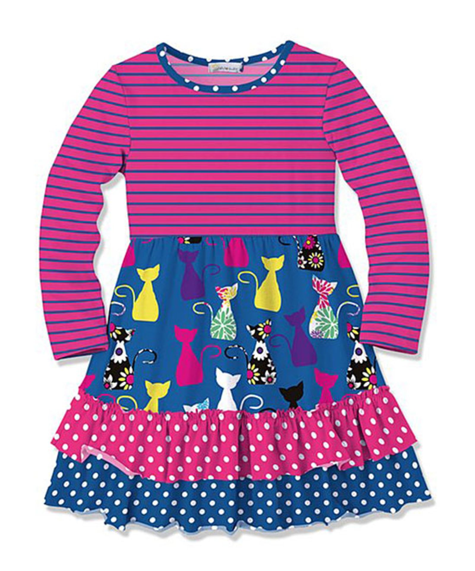 Fuchsia & Navy Stripe Cat Ruffle-Hem Dress - Toddler