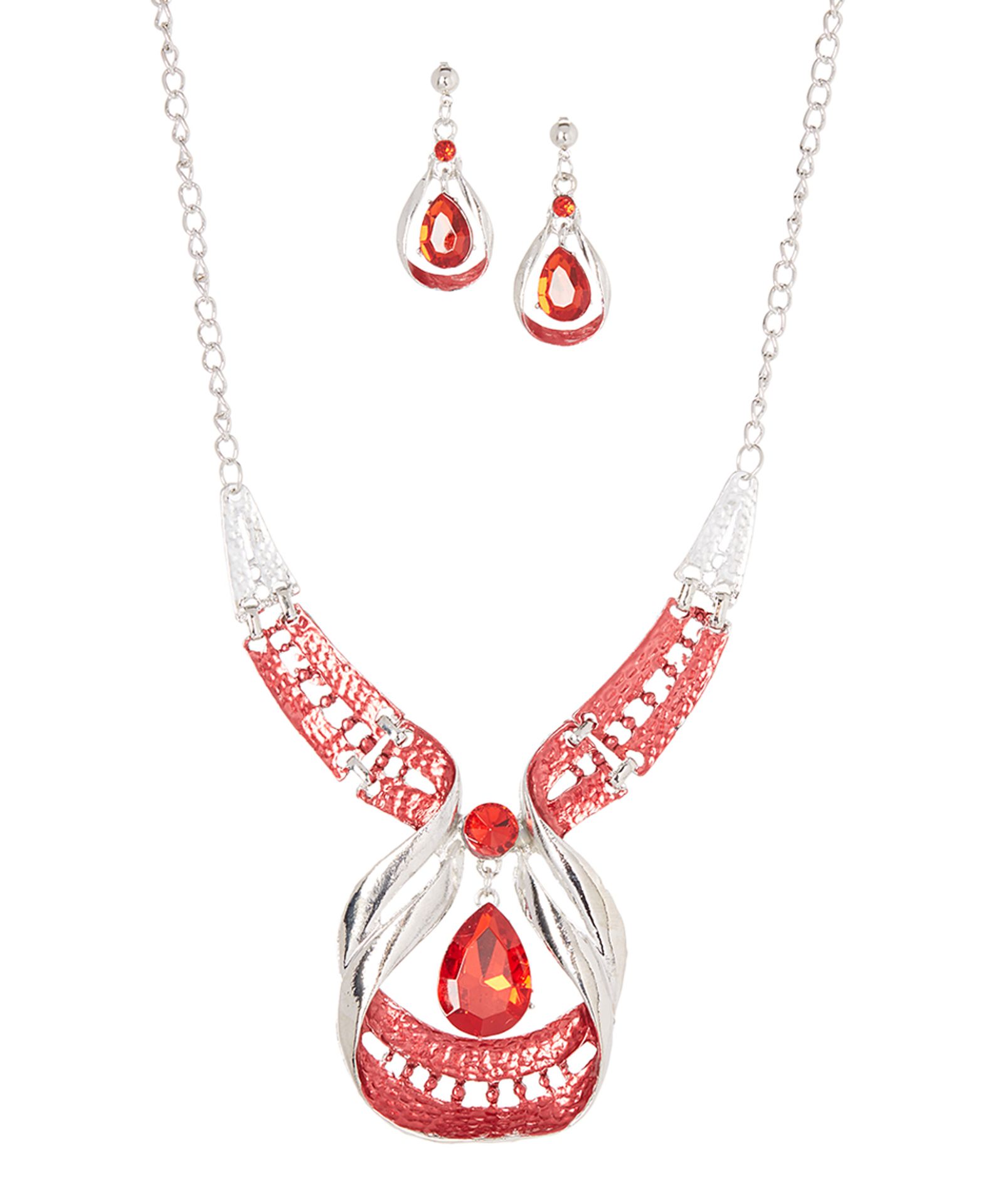 Novadab Red Crystal Wave Droplet Statement Necklace & Teardrop Earrings (Size: One Size ) [Ref:
