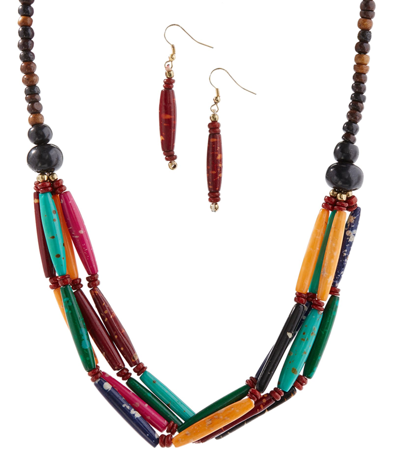 Howard'S Jewelry Teal & Mustard Ceramic Tube-Bead Necklace & Drop Earrings (Size: One Size) [Ref: