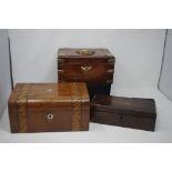 A 19th Century mahogany parquetry inlaid lidded box and two other lidded boxes.