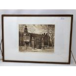 M. Hutchinson, three pen and ink wash etchings depicting historical buildings.