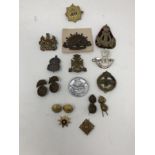 An assortment of WWI, WWII and later cap badges including a silver ARP badge.
