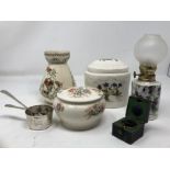 A box of assorted ceramics and metalware.