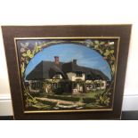 A framed and glazed needlework tapestry of a cottage, titled "The Stables".