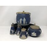 Adams Wedgwood style blue jasperware cruet set, sugar bowl and a Wedgwood jasperware biscuit barrel.