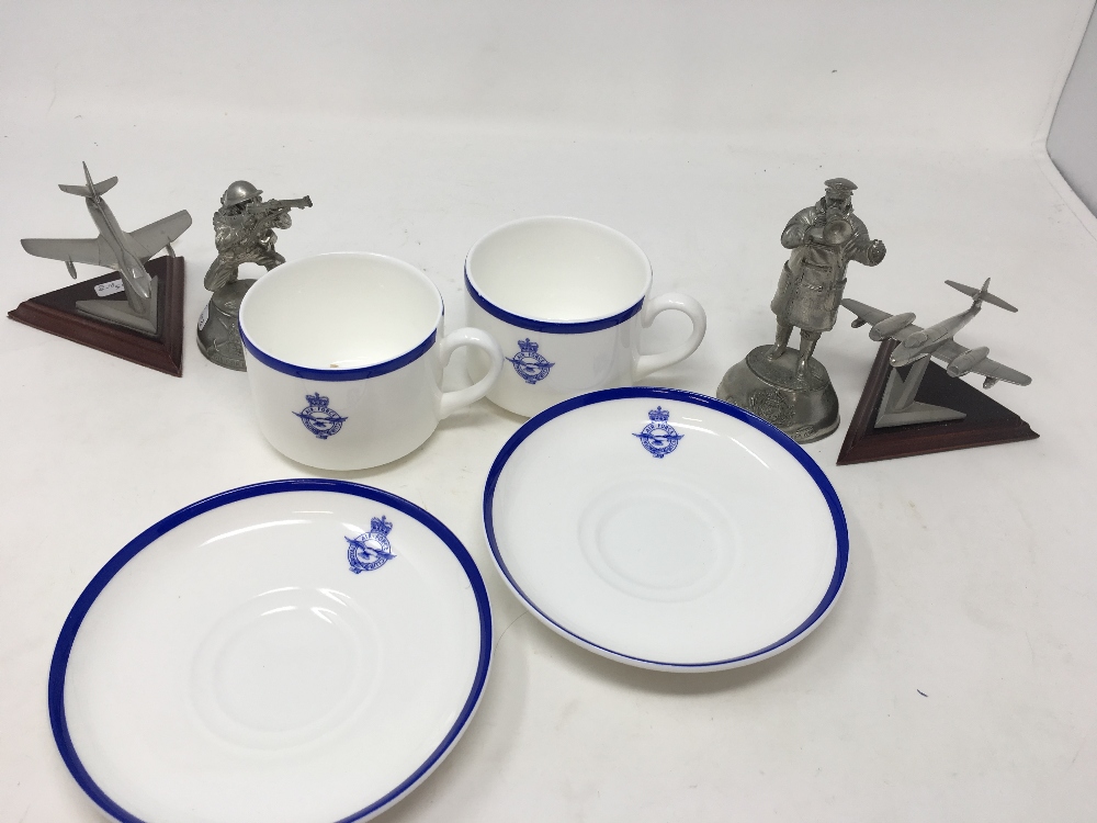 Eight Wedgwood Royal Air Force Club cups and saucers, two pewter Dunkirk figures etc.