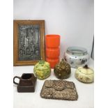 A box of mixed collectables including a Whitefriars style vase and three Sylvac pot faces.