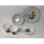 Five pieces of Shelley, Mabel Lucie Atwell children's tableware.