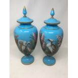 A pair of late 19th Century/early 20th Century painted opaline pedestal lidded vases.