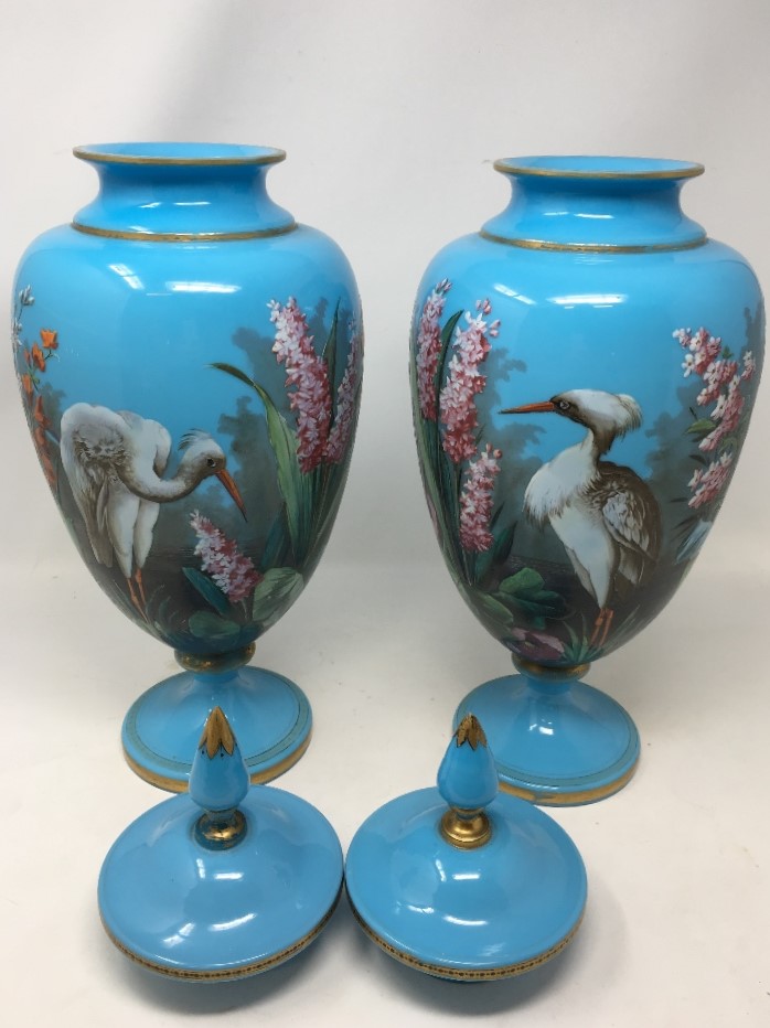 A pair of late 19th Century/early 20th Century painted opaline pedestal lidded vases. - Image 3 of 3