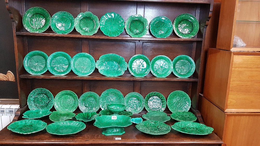 A comprehensive collection of assorted 19th Century green leaf/cabbage leaf tableware.