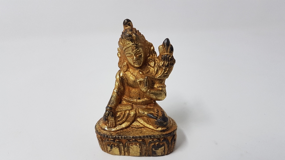 A Tibetan Buddhist gilded Tara god Kwan-Yin Buddha deity.