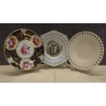 A Worcester hand painted and gilt decorated plate, a Victorian plate and a creamware plate.