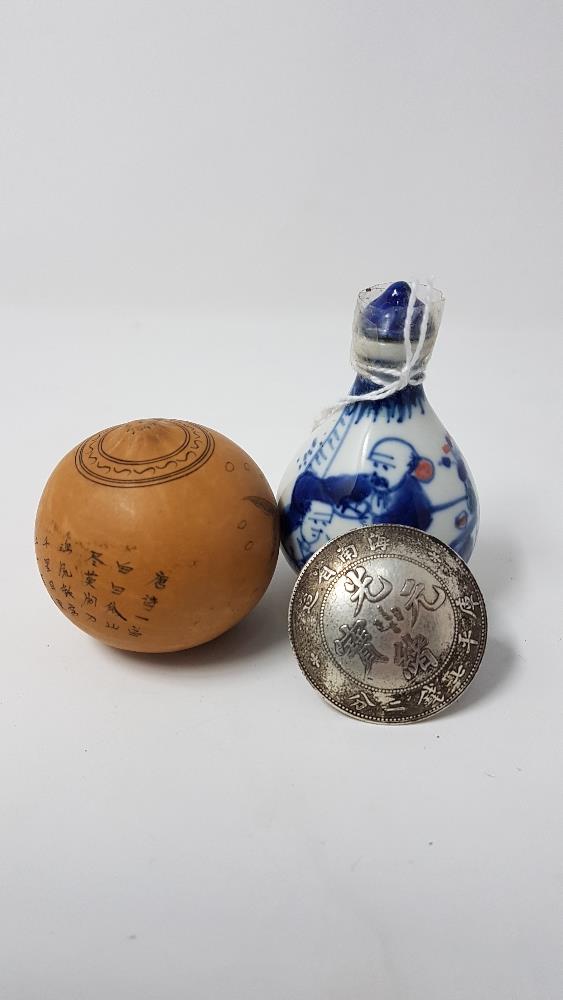 A Chinese seed pot, scent bottle and coin converted to a button.