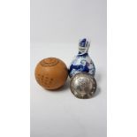 A Chinese seed pot, scent bottle and coin converted to a button.